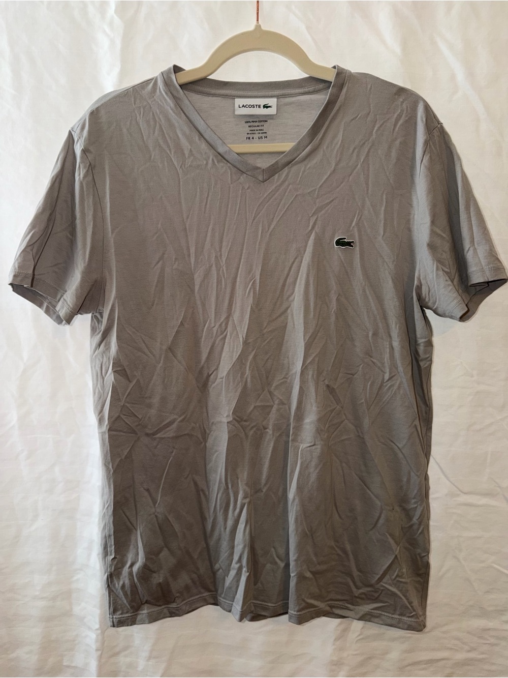 Lacoste Men's V-Neck Tee in Gray with Green Crocodile Logo